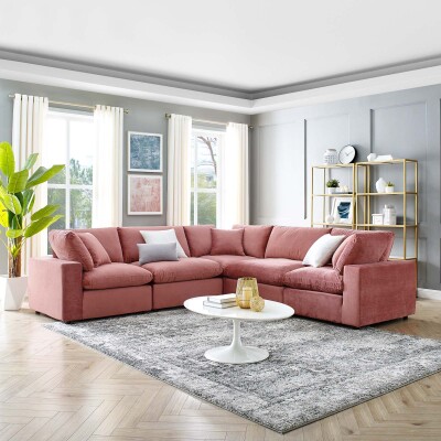 EEI-4823-DUS Commix Down Filled Overstuffed Performance Velvet 5-Piece Sectional Sofa Dusty Rose