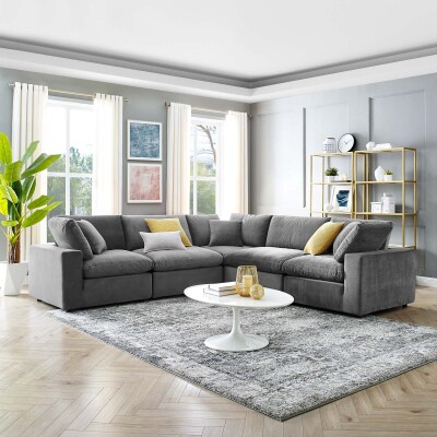 EEI-4823-GRY Commix Down Filled Overstuffed Performance Velvet 5-Piece Sectional Sofa Gray