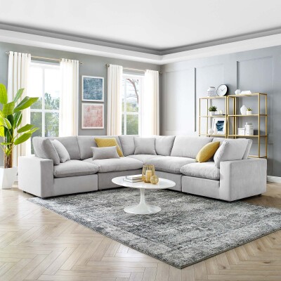 EEI-4823-LGR Commix Down Filled Overstuffed Performance Velvet 5-Piece Sectional Sofa Light Gray
