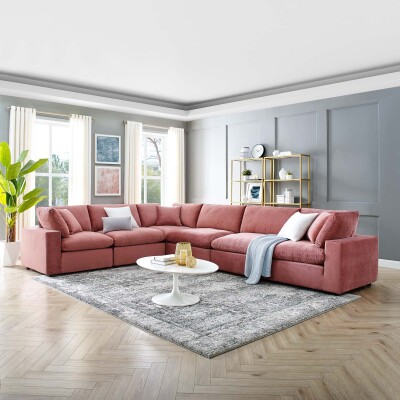EEI-4824-DUS Commix Down Filled Overstuffed Performance Velvet 6-Piece Sectional Sofa Dusty Rose