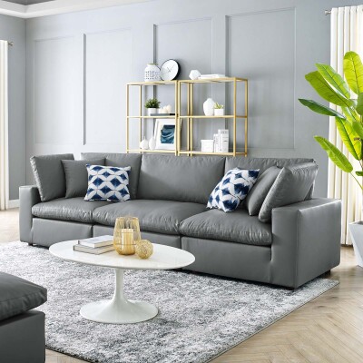 EEI-4914-GRY Commix Down Filled Overstuffed Vegan Leather 3-Seater Sofa Gray