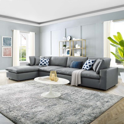 EEI-4917-GRY Commix Down Filled Overstuffed Vegan Leather 5-Piece Sectional Sofa Gray
