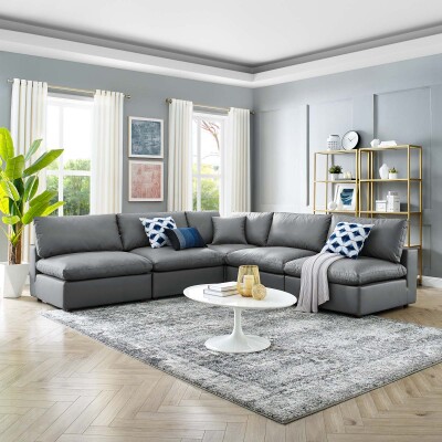 EEI-4919-GRY Commix Down Filled Overstuffed Vegan Leather 5-Piece Sectional Sofa Gray