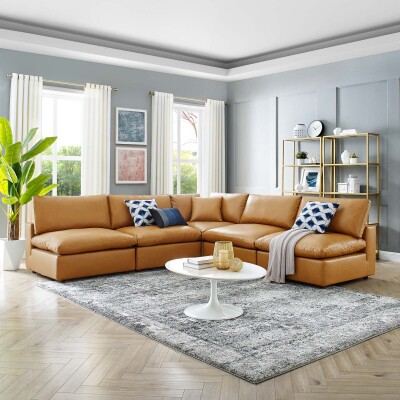 EEI-4919-TAN Commix Down Filled Overstuffed Vegan Leather 5-Piece Sectional Sofa Tan