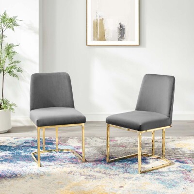 EEI-5569-GLD-GRY Amplify Sled Base Performance Velvet Dining Chairs - Set of 2 Gold Gray