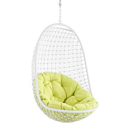 A white hanging chair with a green cushion.
