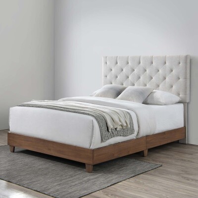 MOD-6146-WAL-BEI Rhiannon Diamond Tufted Upholstered Fabric Queen Bed Walnut Beige