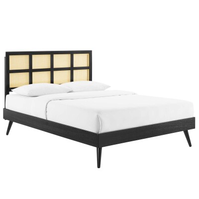 MOD-6370-BLK Sidney Cane and Wood Queen Platform Bed With Splayed Legs in Black