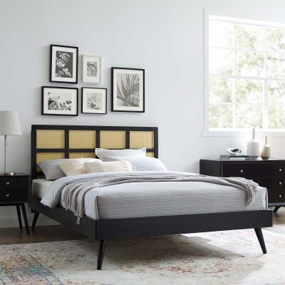 MOD-6370-BLK Sidney Cane and Wood Queen Platform Bed With Splayed Legs in Black