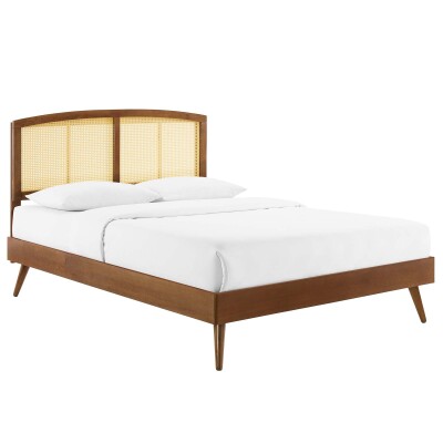 MOD-6376-WAL Sierra Cane and Wood Queen Platform Bed With Splayed Legs Walnut