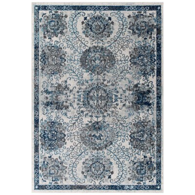 R-1173B-58 Entourage Kensie Distressed Floral Moroccan Trellis 5x8 Area Rug Ivory and Blue