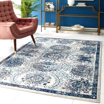 R-1173B-58 Entourage Kensie Distressed Floral Moroccan Trellis 5x8 Area Rug Ivory and Blue