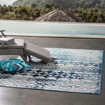 R-1178A-58 Reflect Giada Abstract Diamond Moroccan Trellis 5x8 Indoor/Outdoor Area Rug Ivory and Blue