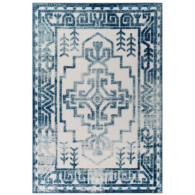 R-1181B-810 Reflect Nyssa Distressed Geometric Southwestern Aztec 8x10 Indoor/Outdoor Area Rug Ivory and Blue