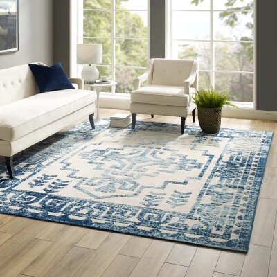 R-1181B-810 Reflect Nyssa Distressed Geometric Southwestern Aztec 8x10 Indoor/Outdoor Area Rug Ivory and Blue