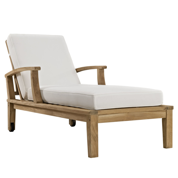 EEI-1151-NAT-WHI-SET Marina Outdoor Patio Teak Single Chaise Natural Arm Chair