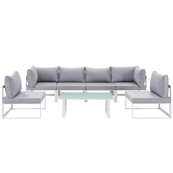 EEI-1729-WHI-GRY-SET Fortuna 7 Piece Outdoor Patio Sectional Sofa Set