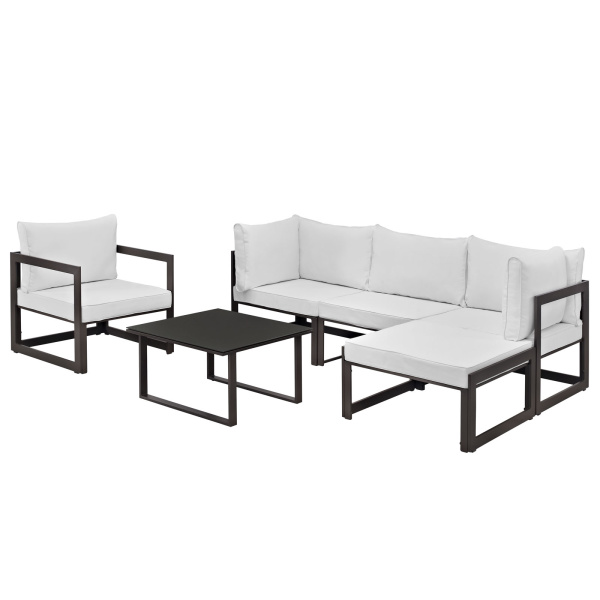 EEI-1731-BRN-WHI-SET Fortuna 6 Piece Outdoor Patio Sectional Sofa Set Arm Chairs