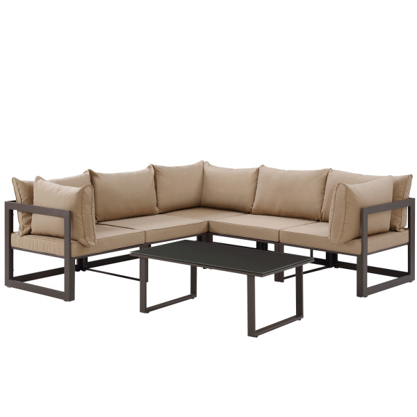 EEI-1732-BRN-MOC-SET Fortuna 6 Piece Outdoor Patio Sectional Sofa Set Arm Chairs