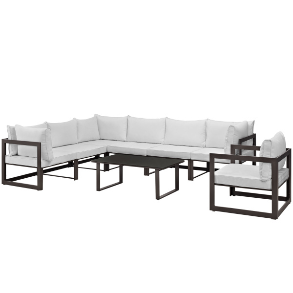EEI-1736-BRN-WHI-SET Fortuna 8 Piece Outdoor Patio Sectional Sofa Set Arm Chairs