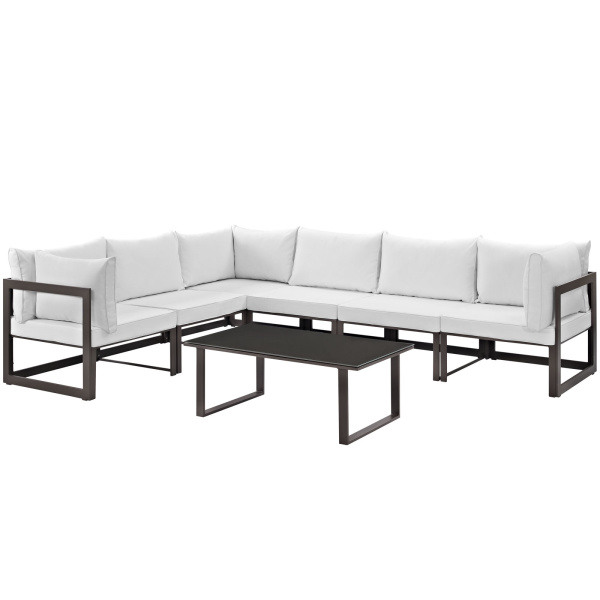 EEI-1737-BRN-WHI-SET Fortuna 7 Piece Outdoor Patio Sectional Sofa Set Arm Chairs