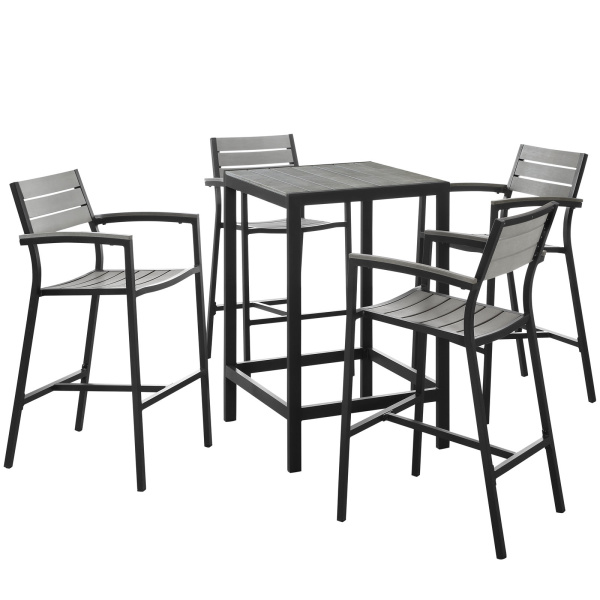 EEI-1755-BRN-GRY-SET Maine 5 Piece Outdoor Patio Bar Set Brown Gray Arm Chairs