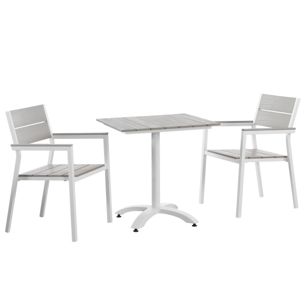 EEI-1759-WHI-LGR-SET Maine 3 Piece Outdoor Patio Dining Set White Light Gray Arm Chairs