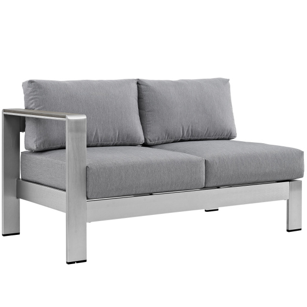 EEI-2265-SLV-GRY Shore Left-Arm Corner Sectional Patio Aluminum Loveseat Silver Gray Arm Chair