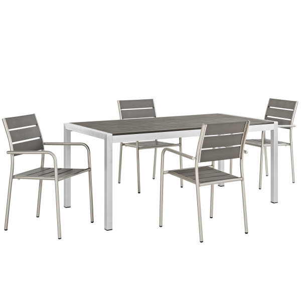 EEI-2481-SLV-GRY-SET Shore 5 Piece Outdoor Patio Aluminum Dining Set Silver Gray Arm Chairs