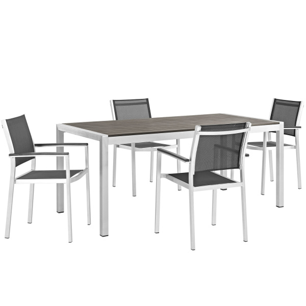 EEI-2483-SLV-BLK-SET Shore 5 Piece Outdoor Patio Aluminum Dining Set Arm Chairs