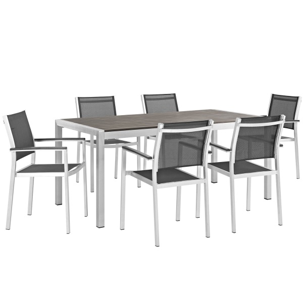EEI-2486-SLV-BLK-SET Shore 7 Piece Outdoor Patio Aluminum Dining Set Arm Chairs