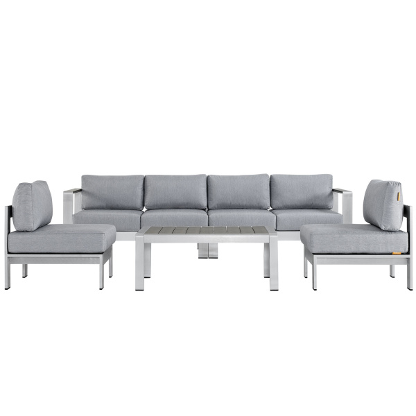 EEI-2564-SLV-GRY Shore 5 Piece Outdoor Patio Aluminum Sectional Sofa Set Silver Gray