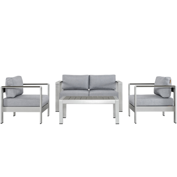EEI-2567-SLV-GRY Shore 4 Piece Outdoor Patio Aluminum Sectional Sofa Set Silver Gray