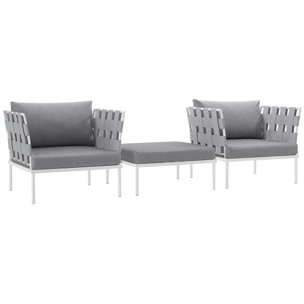 EEI-2618-WHI-GRY-SET Harmony 3 Piece Outdoor Patio Aluminum Sectional Sofa Set Arm Chairs