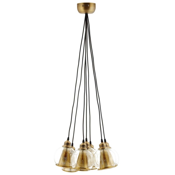 EEI-3083 Peak Brass Cone and Glass Globe Cluster Pendant Chandelier