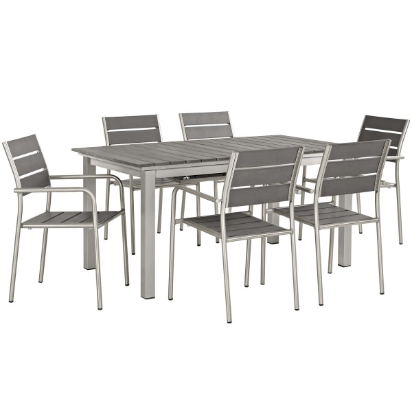 EEI-3199-SLV-GRY-SET Shore 7 Piece Outdoor Patio Aluminum Dining Set Silver Gray Arm Chairs