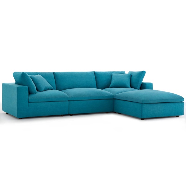 Commix Down Filled Overstuffed 4 Piece Sectional Sofa Set in Teal | Polyester/Cotton/Linen by Modway