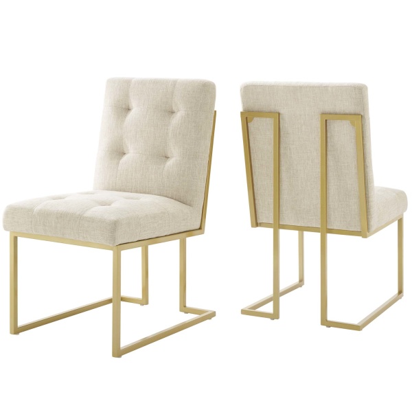 EEI-4151-GLD-BEI Privy Gold Stainless Steel Upholstered Fabric Dining Accent Chair Set of 2 Gold Beige