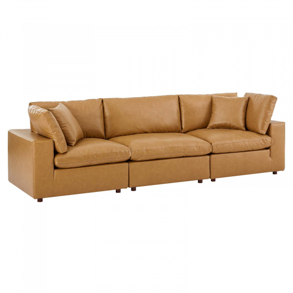 EEI-4914-TAN Commix Down Filled Overstuffed Vegan Leather 3-Seater Sofa Tan