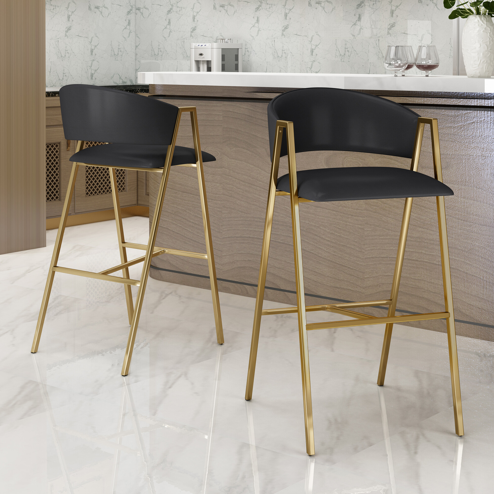 Folwell Modern Faux Leather Barstool (Set of 2), Black and Gold in ...