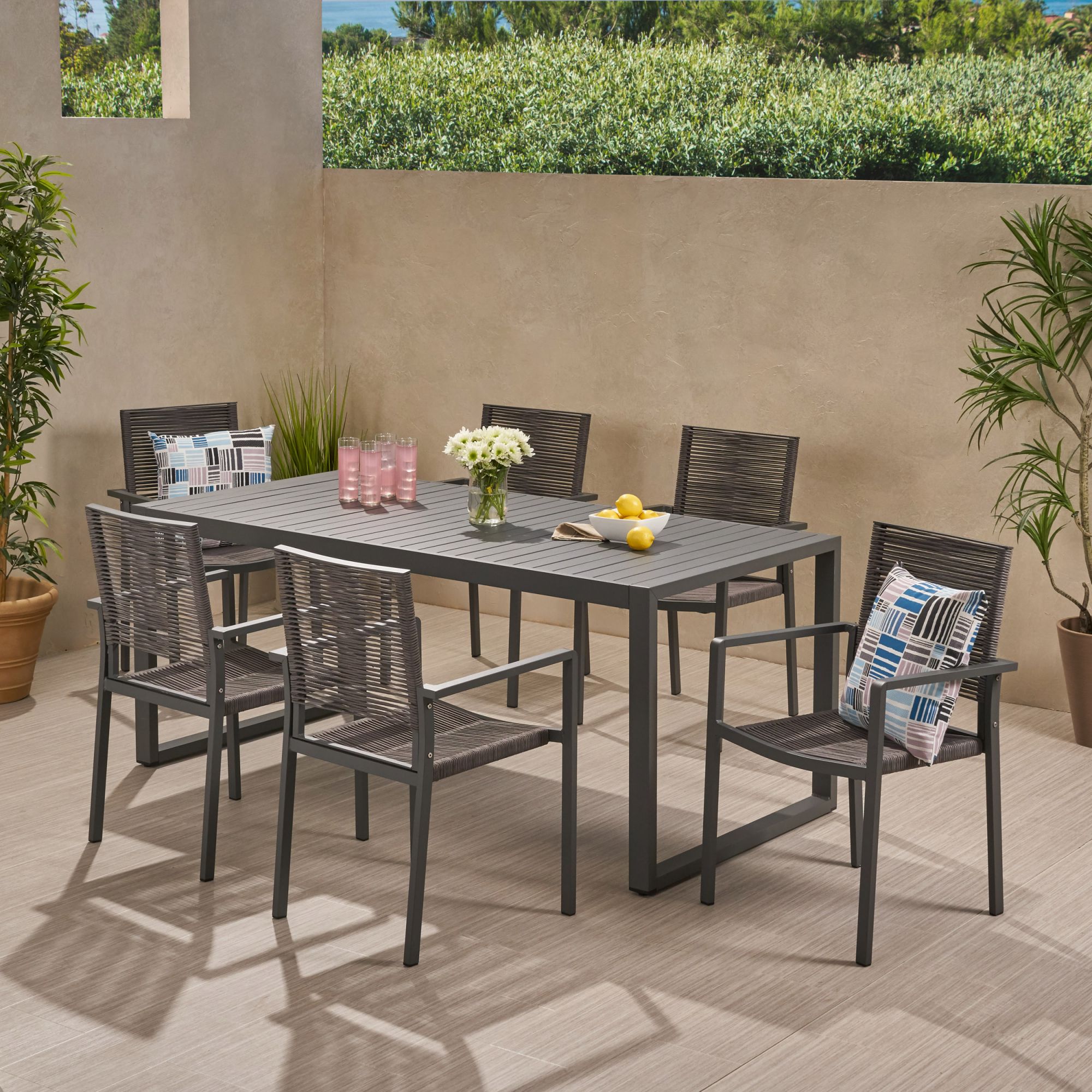 Blan Outdoor 6 Seater Aluminum Dining Set, Gray and Dark Gray by Noble ...