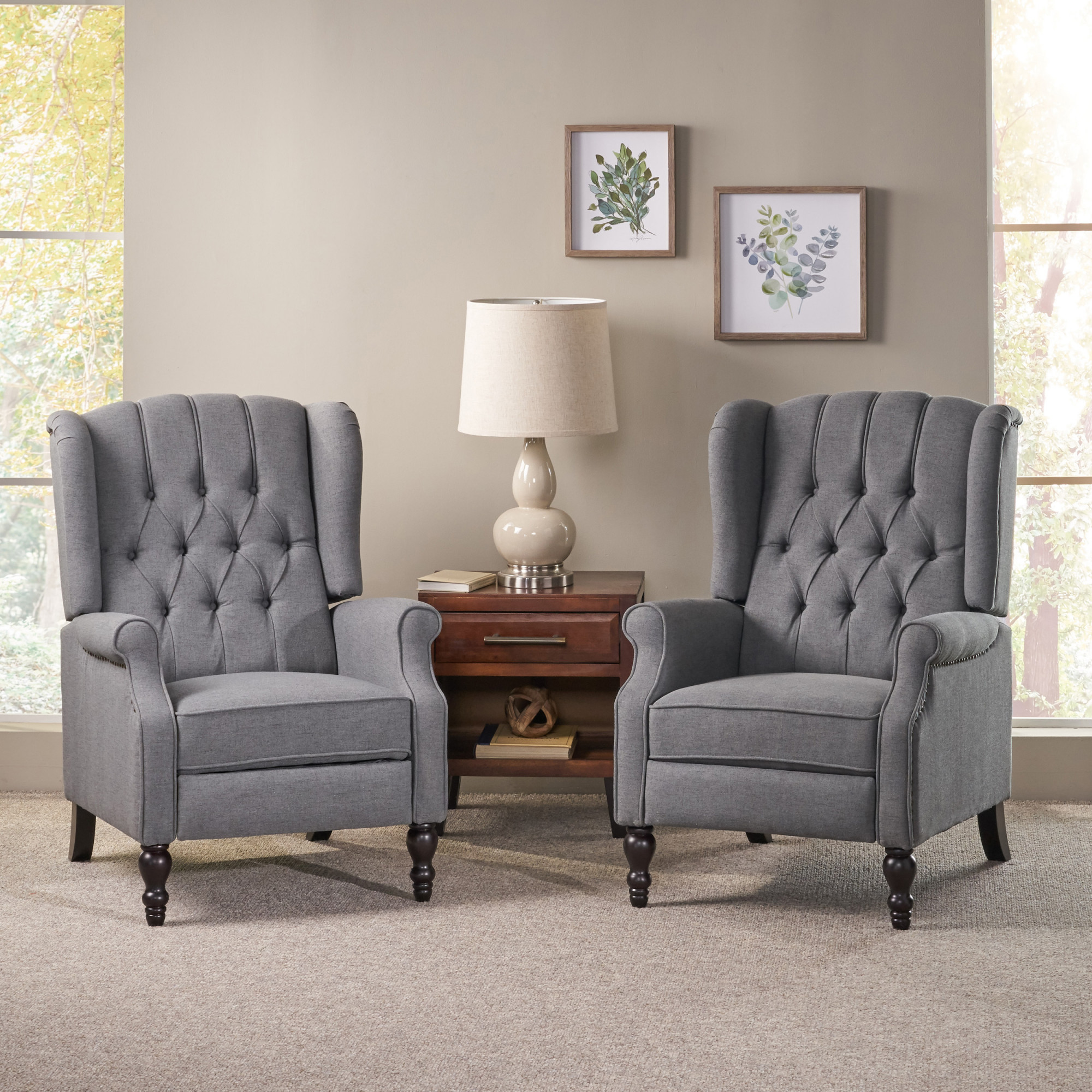 Walter Contemporary Tufted Fabric Recliner (Set of 2), Brown, Charcoal ...