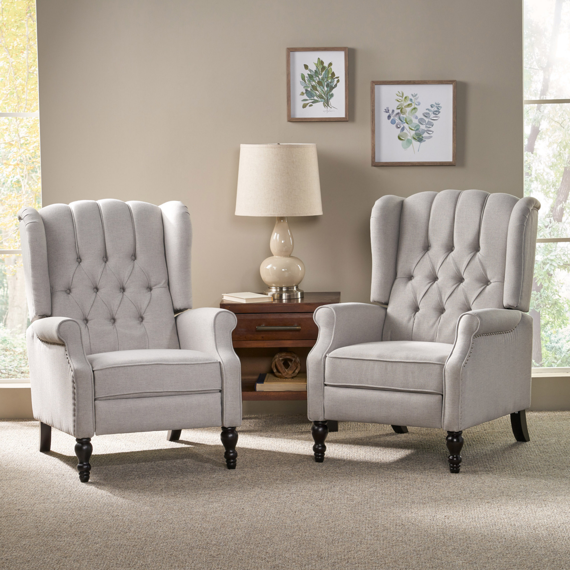 Walter Contemporary Tufted Fabric Recliner (Set of 2), Brown, Light ...