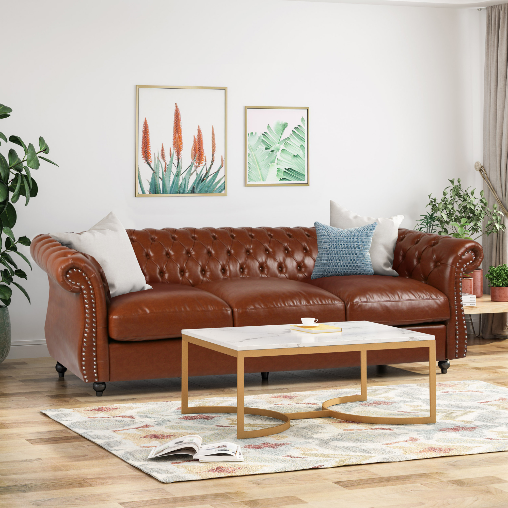 Chesterfield Tufted with Scroll Arms, Cognac Brown and Dark Brown in Cognac Brown by Noble House
