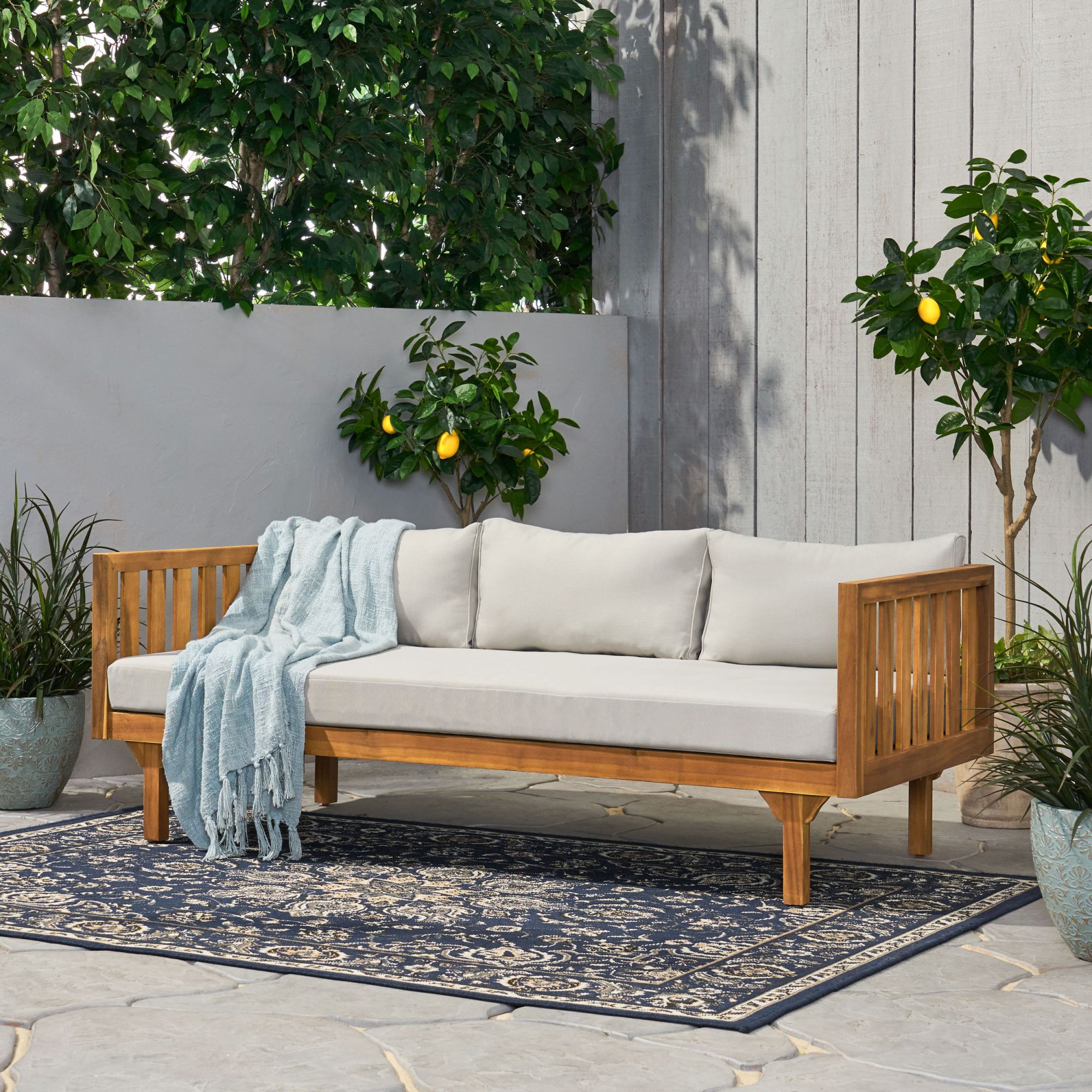 Claremont Outdoor 3 Seater Acacia Wood Daybed, Teak and Beige in