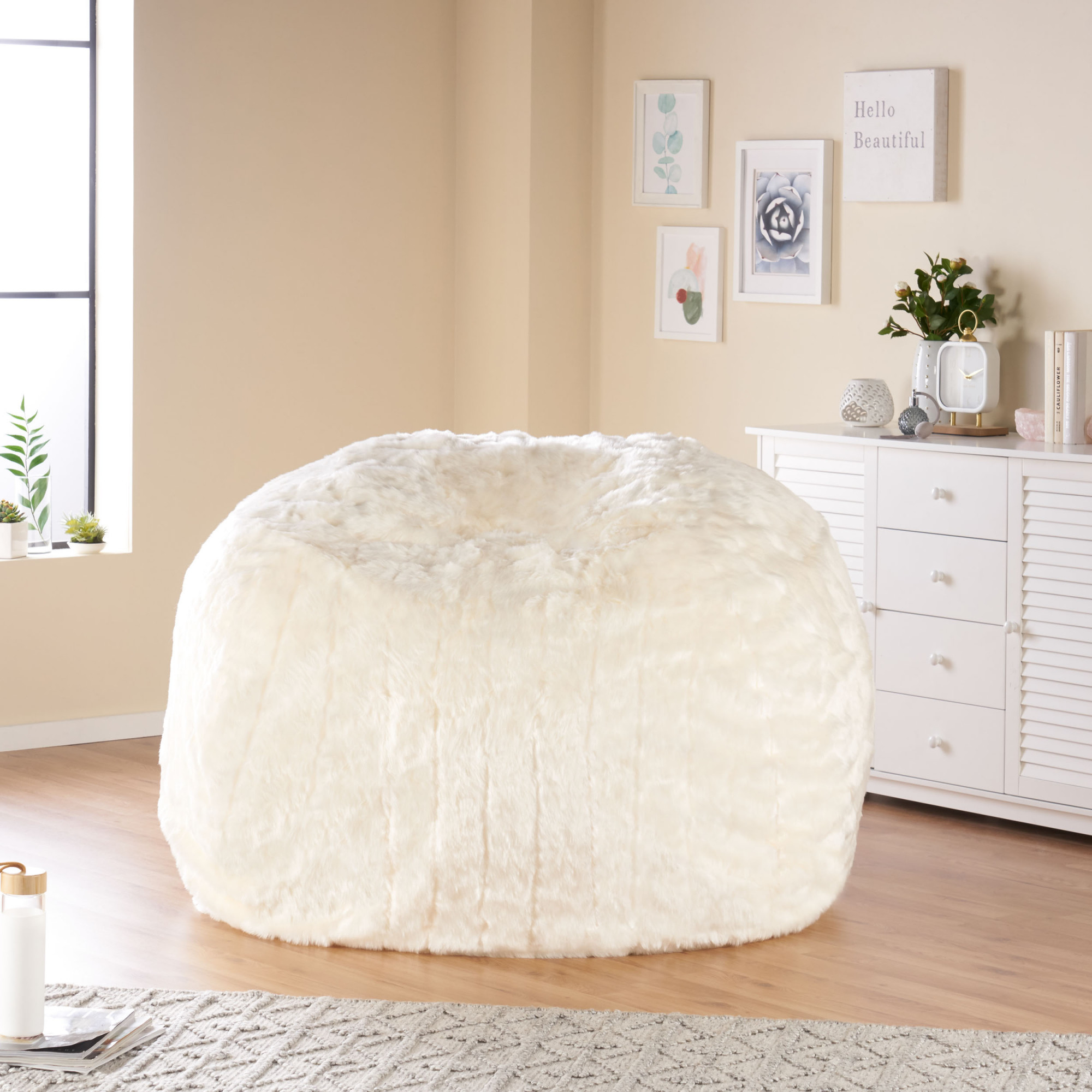 Schley Modern Glam 5 Foot Short Faux Fur Bean Bag, White by Noble House