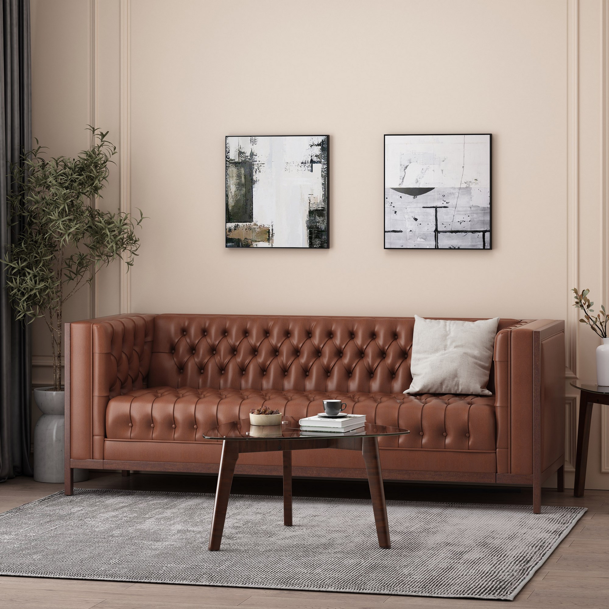 Petteti Contemporary Faux Leather Tufted 3 Seater Sofa, Cognac Brown ...