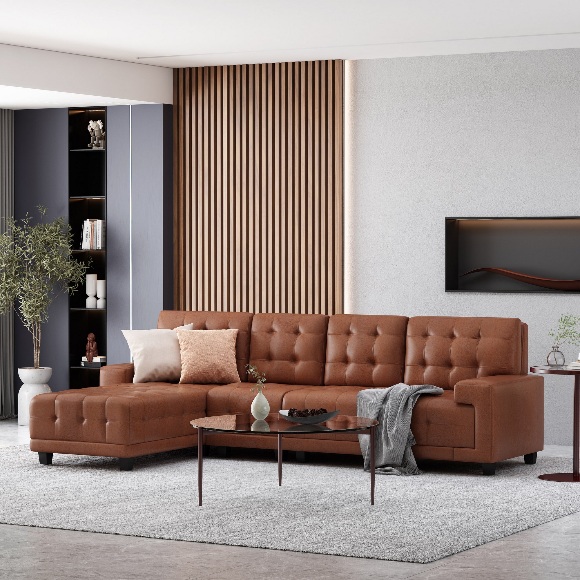 Torrent muis of rat ZuidAmerika Harlar Contemporary Faux Leather Tufted 4 Seater Sectional Sofa and Chaise Lounge  Set, Cognac Brown and Dark Brown