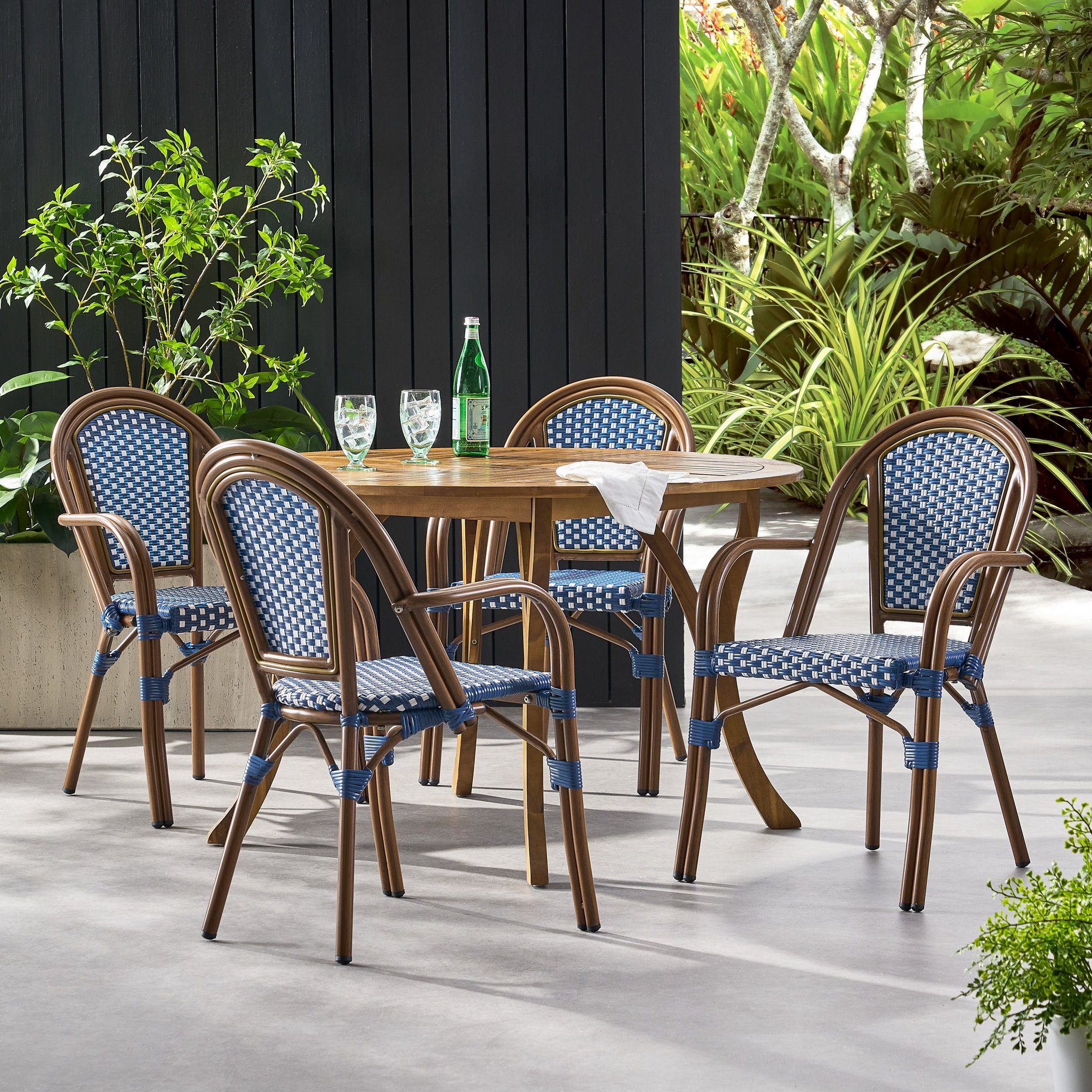 Brianna Outdoor French Bistro Chairs (Set of 4), Navy Blue, White 