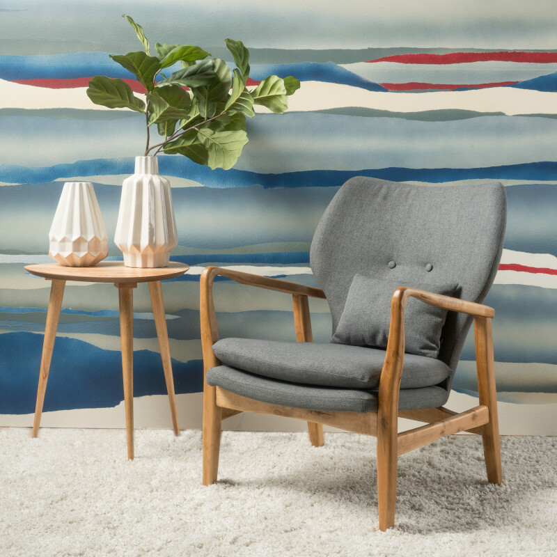 295310 Haddie Mid Century Modern Fabric Club Chair, Gray and Light Walnut